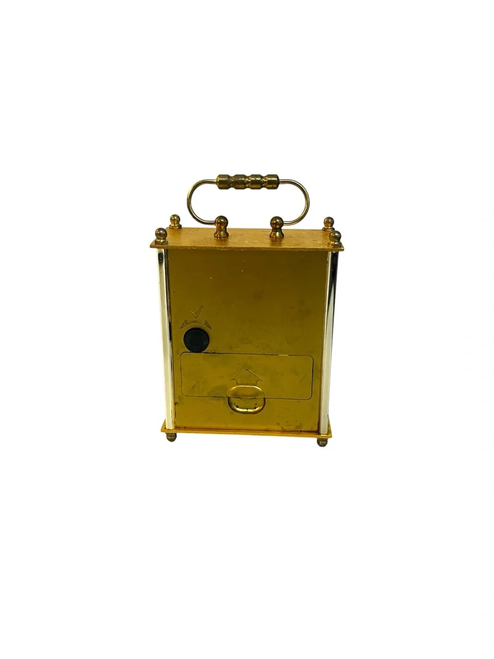 Vintage Gold Tone Quartz Carriage Mini Desk Clock W/ Roman Numerals Works 3.5”